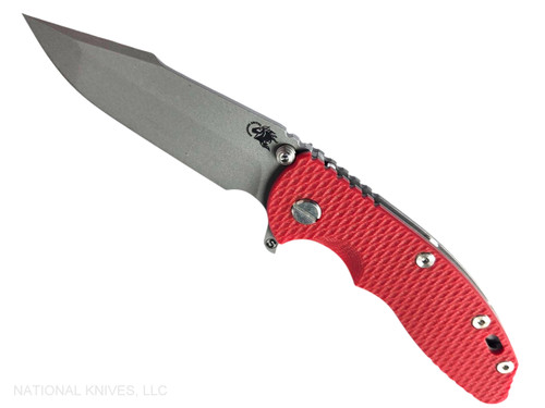 Rick Hinderer Knives XM-18 Skinny Harpoon Spanto with thumb stud and flipper tab - shown open presentation side.  Working Finish MagnaCut stainless steel plain edge blade.  Red G-10 handle with Working Finish lock side.  Model KXM35SKHS.