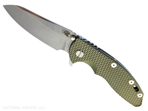 Rick Hinderer Knives XM-18 3.5" Sheepsfoot folding knife with thumb stud and flipper tab - shown open presentation side.  Stonewash S45VN stainless steel plain edge blade.  OD green G-10 handle with stonewash lock side.  Model KXM35SHF.