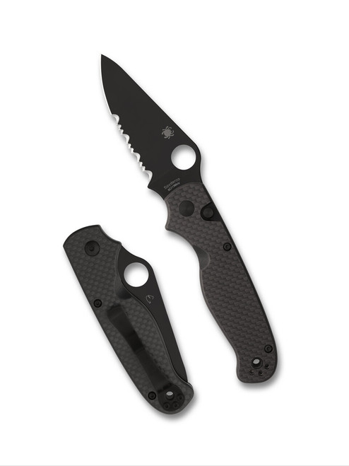 Spyderco ButtonUp folding knife with thumb hole - shown both open presentation side and closed pocket clip side.  Black 8Cr13MoV stainless steel combo edge blade.  Black carbon fiber and G-10 laminate handle.  Model C275CFPSBK.