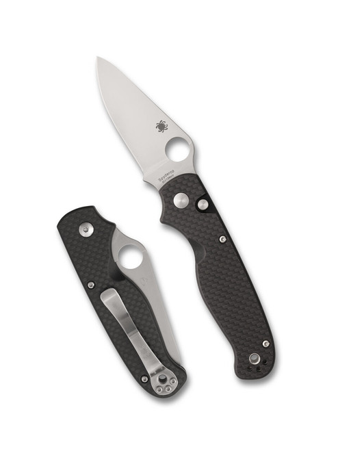 Spyderco ButtonUp folding knife with thumb hole - shown both open presentation side and closed pocket clip side.  Satin 8Cr13MoV stainless steel plain edge blade.  Black carbon fiber and G-10 laminate handle.  Model C275CFP.