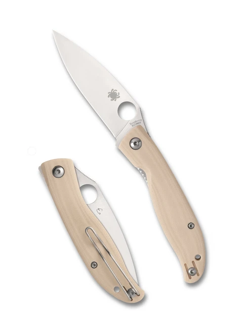 Spyderco Mantra 4 folding knife with thumb hole - shown both open presentation side and closed pocket clip side.  Satin 8Cr13MoV stainless steel plain edge blade.  White G-10 handle.  Model C274GWP.