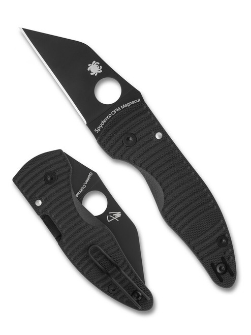 Spyderco MicroJimbo Salt folding knife with thumb hole - shown open presentation side and closed pocket clip side.  Black MagnaCut stainless steel plain edge blade.  Black G-10 handle.  Model C264GMCBKP.