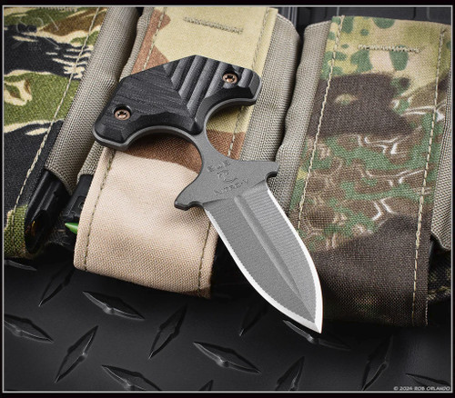 RMJ Tactical BUB Back Up Blade fixed blade knife - shown out of sheath obverse.  Tungsten Cerakote MagnaCut stainless steel plain double edge blade.  Black G-10 handle.  Model K-BUB-MC-TU-BK.