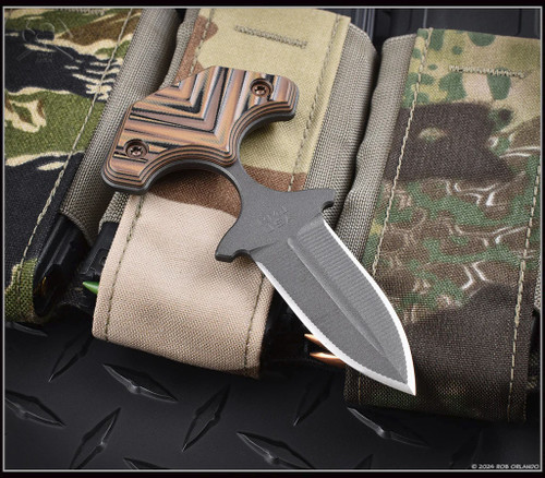 RMJ Tactical BUB Back Up Blade fixed blade knife - shown out of sheath obverse.  Tungsten Cerakote MagnaCut stainless steel plain double edge blade.  Hyena Brown G-10 handle.  Model K-BUB-MC-TU-HB.