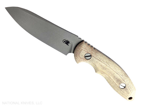 Rick Hinderer Knives Emmett Sheepsfoot fixed blade knife - shown out of sheath reverse.  Working Finish MagnaCut stainless steel plain edge blade.  Natural Micarta handle.  Model KEMSFMI.