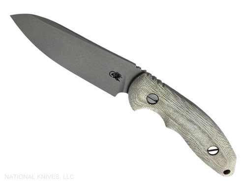 Rick Hinderer Knives Emmett Sheepsfoot fixed blade knife - shown out of sheath reverse.  Working Finish MagnaCut stainless steel plain edge blade.  OD Green Micarta handle.  Model KEMSFMI.
