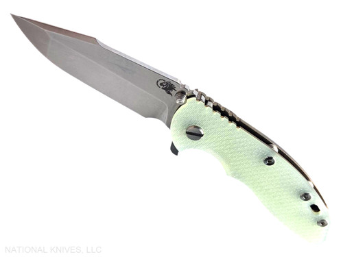 Rick Hinderer Knives XM-18 3.5" Harpoon Spanto folding knife with thumb stud and flipper tab - shown open presentation side.  Stonewashed MagnaCut stainless steel plain edge blade.  Translucent Green G-10 handle with stonewash bronze lock side.  Model KXM35HS.