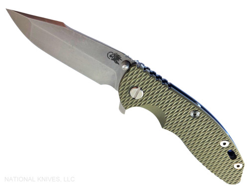 Rick Hinderer Knives XM-18 3.5" Harpoon Spanto folding knife with thumb stud and flipper tab - shown open presentation side.  Stonewashed MagnaCut stainless steel plain edge blade.  OD green G-10 handle with stonewashed blue lock side.  Model KXM35HS.