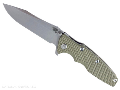 Rick Hinderer Knives Eklipse Spear Point folding knife with flipper tab and thumb stud - shown open presentation side.  Stonewash S45VN stainless steel plain edge blade.  OD green G-10 handle with stonewash bronze lock side.  Model KEK35SPE.