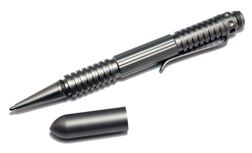 Rick Hinderer Knives Extreme Duty ink pen - shown with cap removed.  Bead blasted titanium body.