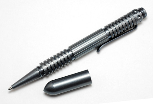 Rick Hinderer Knives Extreme Duty ink pen - shown with cap removed.  Tumbled titanium body.