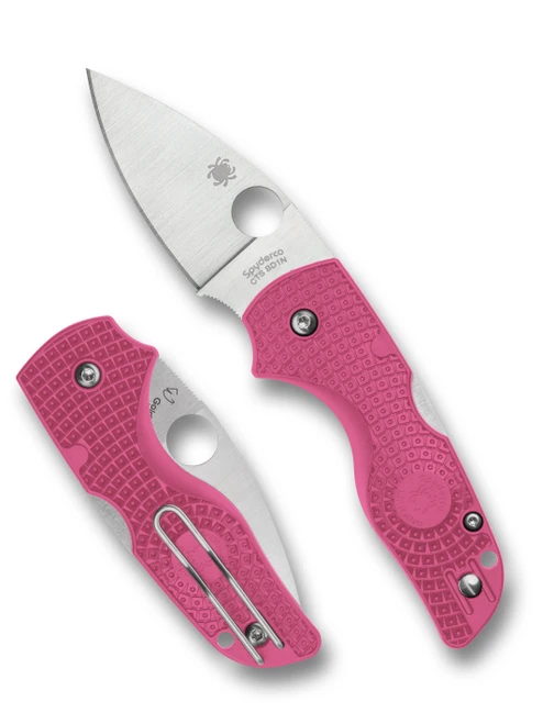 Spyderco Lil' Native folding knife with thumb hole - shown open presentation side and closed pocket clip side.  Satin CTS-BD1N stainless steel plain edge blade.  Pink FRN handle.  Model C230PPN.