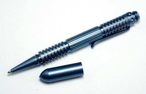 Rick Hinderer Knives Extreme Duty ink pen - shown with cap removed.  Blue titanium body.