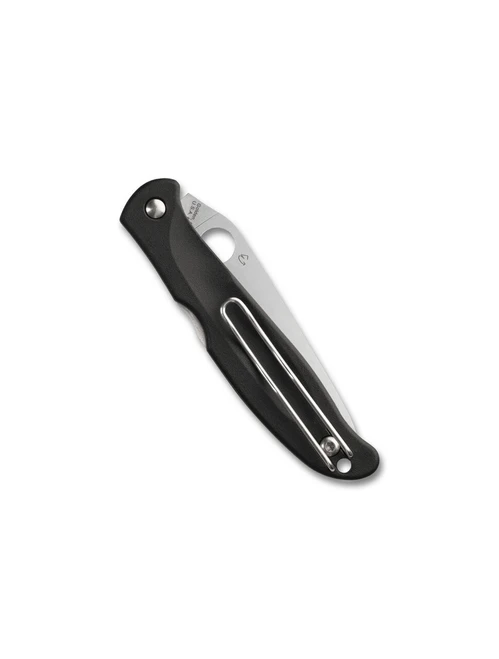Spyderco Charisma folding knife with thumb hole - shown closed pocket clip side.  Satin CTS BD1N stainless steel plain edge blade.  Black FRN handle.  Model C259PBK.