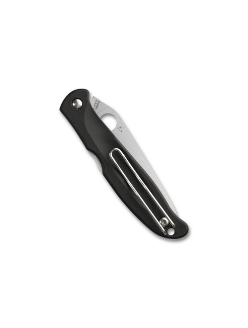 Spyderco Charisma folding knife with thumb hole - shown closed pocket clip side.  Satin CTS BD1N stainless steel plain edge blade.  Black FRN handle.  Model C259PBK.