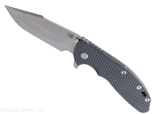 Rick Hinderer Knives XM-24 Harpoon Spanto folding knife with thumb stud and flipper tab - shown open presentation side.  Stonewash S45VN stainless steel plain edge blade.  Black G-10 handle with Working Finish lock side.  Model KXM40HS.