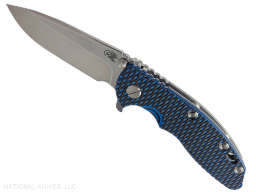 Rick Hinderer Knives XM-18 3.25" Spear Point folding knife with thumb stud and flipper tab - shown open presentation side.  Stonewash S45VN stainless steel plain edge blade.  Blue - Black G-10 handle with stonewash lock side.  Model KXM325SPE.