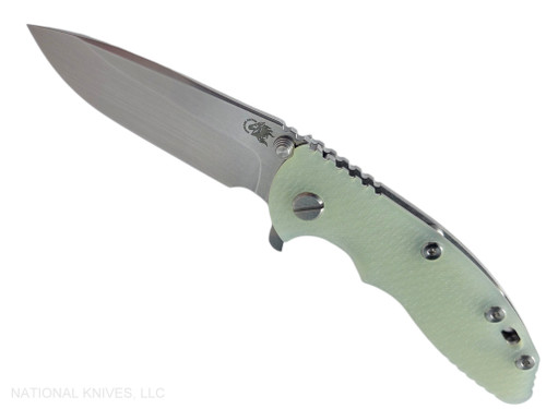 Rick Hinderer Knives XM-18 3.25" Spear Point folding knife with thumb stud and flipper tab - shown open presentation side.  Stonewash S45VN stainless steel plain edge blade.  Translucent Green G-10 handle with stonewash lock side.  Model KXM325SPE.