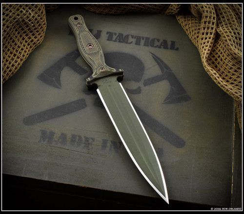 RMJ Tactical Kilroy fixed blade knife - shown out of sheath obverse.  OD Green Cerakote M390 steel, double plain edge, blade.  Dirty Olive G-10 handle scales. Model K-KRY-M390-ODG-DO.
