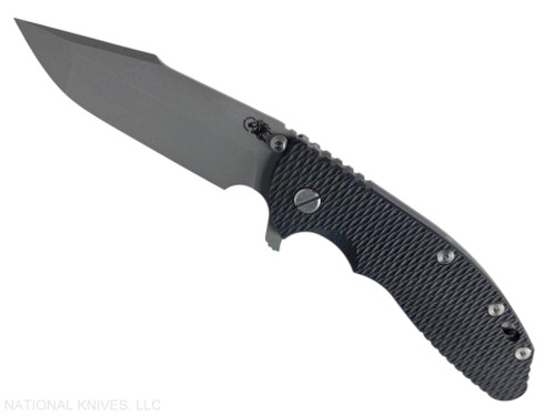 Rick Hinderer Knives XM-24 Harpoon Spanto folding knife with thumb stud and flipper tab - shown open presentation side.  Working Finish S45VN stainless steel plain edge blade.  Black G-10 handle with Working Finish lock side.  Model KXM40HS.