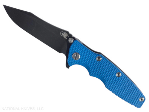 Rick Hinderer Knives Eklipse Spear Point folding knife with flipper tab and thumb stud - shown open presentation side.  Battle Black S45VN stainless steel plain edge blade.  Blue G-10 handle with Battle Black lock side.  Model KEK35SPEDLC.