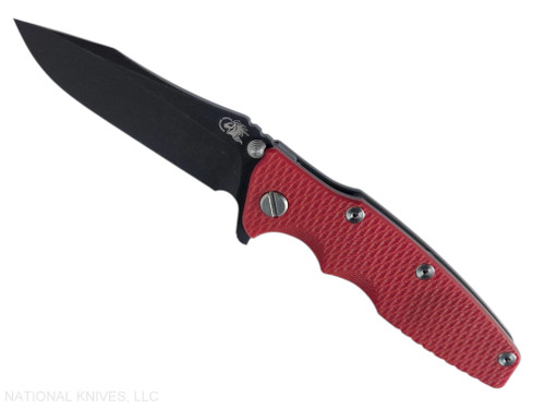 Rick Hinderer Knives Eklipse Spear Point folding knife with flipper tab and thumb stud - shown open presentation side.  Battle Black S45VN stainless steel plain edge blade.  Red G-10 handle with Battle Black lock side.  Model KEK35SPEDLC.