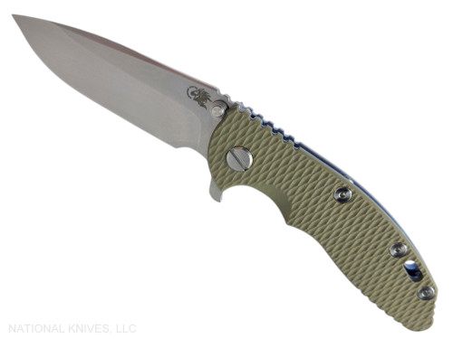 Rick Hinderer Knives XM-18 3.25" Spear Point folding knife with thumb stud and flipper tab - shown open presentation side.  Stonewash S45VN stainless steel plain edge blade.  OD green G-10 handle with stonewash blue lock side.  Model KXM325SPE.