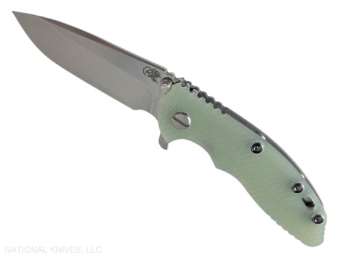 Rick Hinderer Knives XM-18 3.25" Spear Point folding knife with thumb stud and flipper tab - shown open presentation side.  Stonewash S45VN stainless steel plain edge blade.  Translucent Green G-10 handle with Working Finish lock side.  Model KXM325SPE.