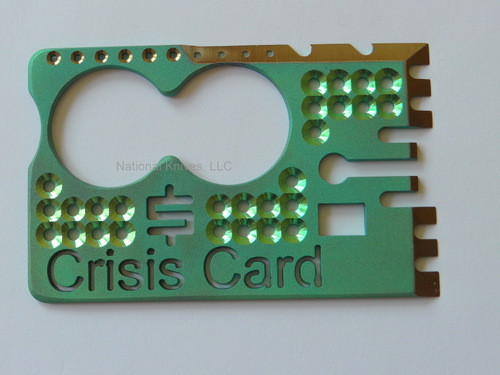 Mike Snody Custom Knives Crisis Card.  Titanium construction with anodized green finish. 
For reference only.