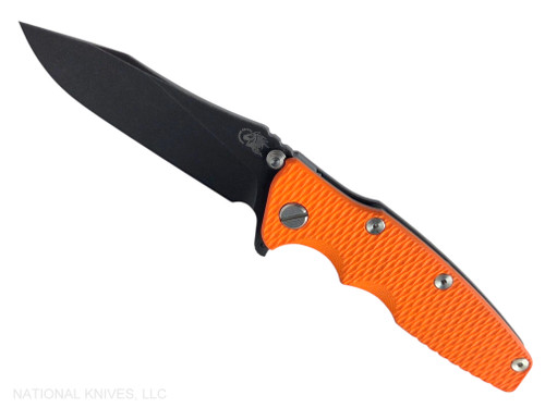 Rick Hinderer Knives Eklipse folding knife with flipper tab - shown open - presentation side.  Battle Black 3.5" hollow grind S45VN stainless steel plain edge blade.  Orange G-10 handle scale with Battle Black lock side.  Model KEK35SLHODLC.