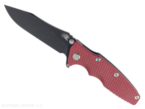 Rick Hinderer Knives Eklipse folding knife with flipper tab - shown open - presentation side.  Battle Black 3.5" hollow grind S45VN stainless steel plain edge blade.  Red G-10 handle scale with Battle Black lock side.  Model KEK35SLHODLC.