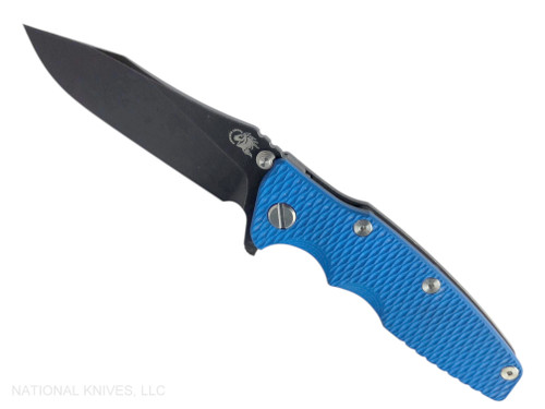Rick Hinderer Knives Eklipse folding knife with flipper tab - shown open - presentation side.  Battle Black 3.5" hollow grind S45VN stainless steel plain edge blade.  Blue G-10 handle scale with Battle Black lock side.  Model KEK35SLHODLC.