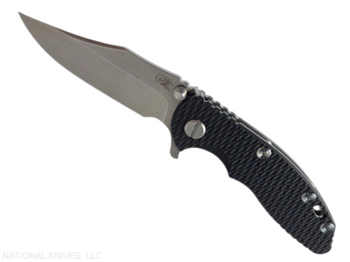 Rick Hinderer Knives XM-18 3.0" Bowie folding knife with thumb stud and flipper tab - shown open presentation side.  Stonewash 20CV stainless steel plain edge blade.  Black G-10 handle with stonewashed lock side.  Model KXM30BOW.