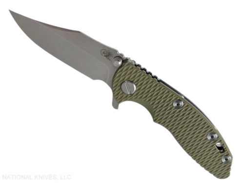 Rick Hinderer Knives XM-18 3.0" Bowie folding knife with thumb stud and flipper tab - shown open presentation side.  Stonewash 20CV stainless steel plain edge blade.  OD green G-10 handle with stonewashed lock side.  Model KXM30BOW.
