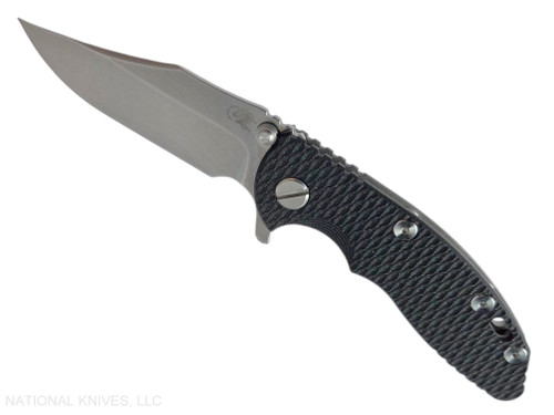 Rick Hinderer Knives XM-18 3.0" Bowie folding knife with thumb stud and flipper tab - shown open presentation side.  Stonewash 20CV stainless steel plain edge blade.  Black G-10 handle with Working Finish lock side.  Model KXM30BOW.