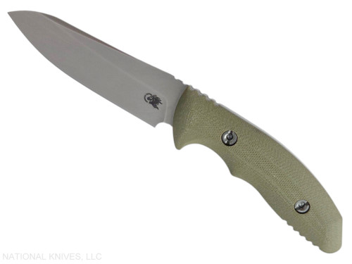 Rick Hinderer Knives Flashpoint Sheepsfoot fixed blade knife - shown out of sheath obverse.  Stonewash MagnaCut stainless steel plain edge blade.  OD Green G-10 handle.  Model KFPSHF.