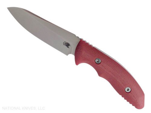 Rick Hinderer Knives Flashpoint Sheepsfoot fixed blade knife - shown out of sheath obverse.  Stonewash MagnaCut stainless steel plain edge blade.  Red G-10 handle.  Model KFPSHF.