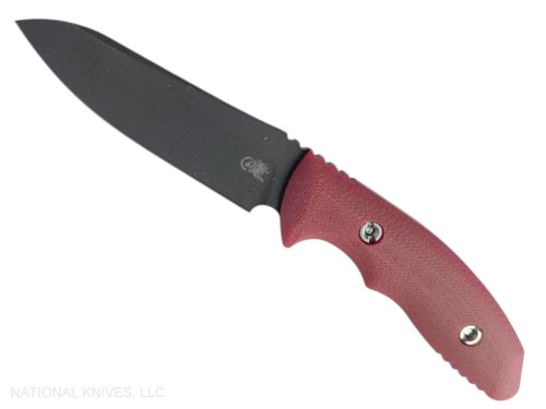 Rick Hinderer Knives Flashpoint Sheepsfoot fixed blade knife - shown out of sheath obverse.  Battle Black MagnaCut stainless steel plain edge blade.  Red G-10 handle.  Model KFPSHFDLC.