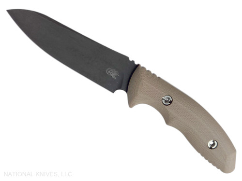 Rick Hinderer Knives Flashpoint Sheepsfoot fixed blade knife - shown out of sheath obverse.  Battle Black MagnaCut stainless steel plain edge blade.  FDE G-10 handle.  Model KFPSHFDLC.