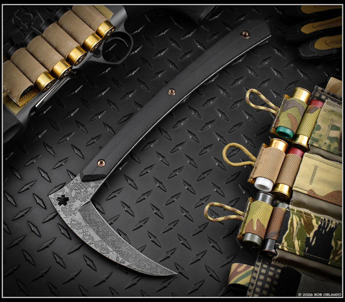 RMJ Tactical 3V Syndicate Senshi kama - shown out of sheath reverse.  Acid Etched CPM-3V steel plain edge blade.  Black G-10 handle.  Model T-SE-AE-BK.