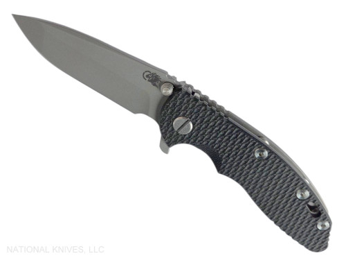 Rick Hinderer Knives XM-18 3.25" Spanto folding knife with thumb stud and flipper tab - shown open presentation side.  Working Finish MagnaCut stainless steel plain edge blade.  Black G-10 handle with Working Finish lock side.  Model KXM325SPA.