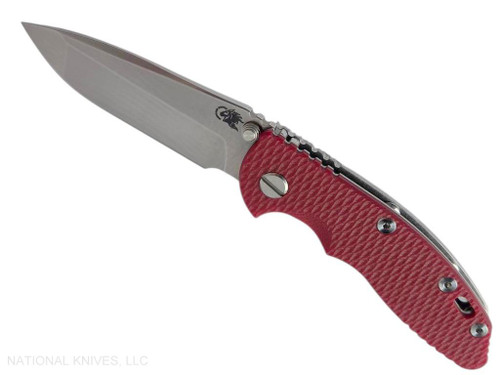 Rick Hinderer Knives XM-18 3.25" Spanto Non-Flipper folding knife with thumb stud - shown open presentation side.  Stonewashed MagnaCut stainless steel plain edge blade.  Red G-10 handle with stonewashed lock side.  Model KXM325SPANF.