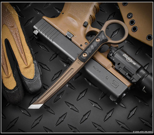 RMJ Tactical Stabby Guy multitool - shown out of sheath reverse.  Midnight Bronze Cerakote 3V steel.  Black G-10 handle.  Model K-SG-MB-BK.
