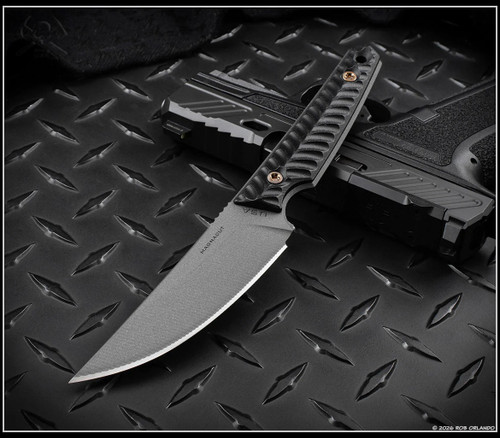 RMJ Tactical Unmei fixed blade knife - shown out of sheath reverse.  Tungsten Cerakote MagnaCut stainless steel plain edge blade.  Black G-10 handle.  Model K-UN-TU-BK.