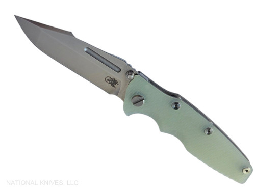 Rick Hinderer Knives Eklipse Skinny Fullered Harpoon Spanto Non-Flipper folding knife with thumb stud - shown open presentation side.  Stonewashed 3.5" MagnaCut stainless steel plain edge blade.  Translucent Green G-10 handle scale with Working Finish lock side.  Model KEK35SKNFHS.
