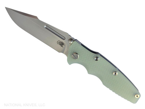 Rick Hinderer Knives Eklipse Skinny Fullered Harpoon Spear Point Non-Flipper folding knife with thumb stud - shown open presentation side.  Stonewashed 3.5" MagnaCut stainless steel plain edge blade.  Translucent Green G-10 handle scale with Working Finish lock side.  Model KEK35SKNFHSPE.