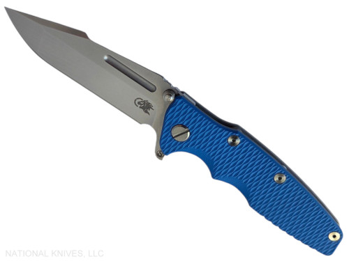 Rick Hinderer Knives Eklipse Skinny Fullered Harpoon Spanto folding knife with thumb stud and flipper tab - shown open presentation side.  Stonewashed 3.5" MagnaCut stainless steel plain edge blade.  Blue G-10 handle scale with Working Finish lock side.  Model KEK35SKHS.