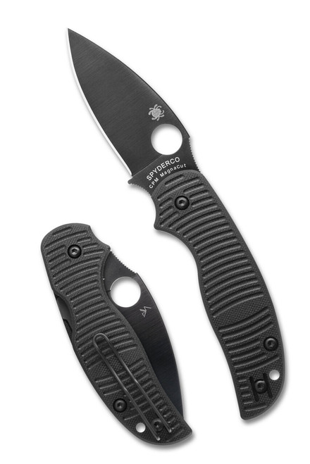 Spyderco Sage 5 folding knife with thumb hole - shown open presentation side and closed pocket clip side.  Black CPM MagnaCut stainless steel plain edge blade.  Black G-10 handle.  Model C123GPBKMCBK.