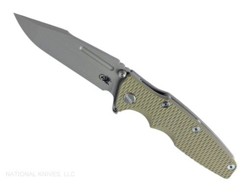 Rick Hinderer Knives Eklipse Skinny Fullered Harpoon Spanto folding knife with thumb stud and flipper tab - shown open presentation side.  Working Finish 3.5" MagnaCut stainless steel plain edge blade.  OD green G-10 handle scale with Working Finish lock side.  Model KEK35SKHS.