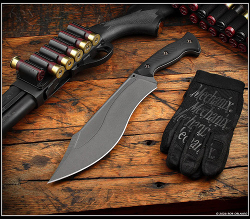 RMJ Tactical Sapper fixed blade knife - shown out of sheath reverse.  Tungsten Cerakote 80CRV2 steel plain edge blade.  Black G-10 handle.  Model K-SAP-80CRV2-TU-BK.